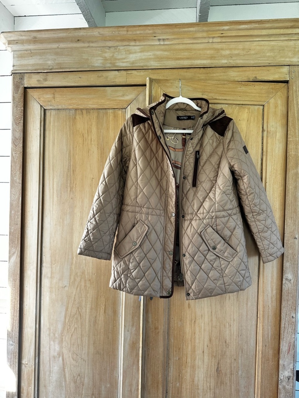 Lauren Ralph Lauren Women's Camel Brown Hooded Quilted Coat